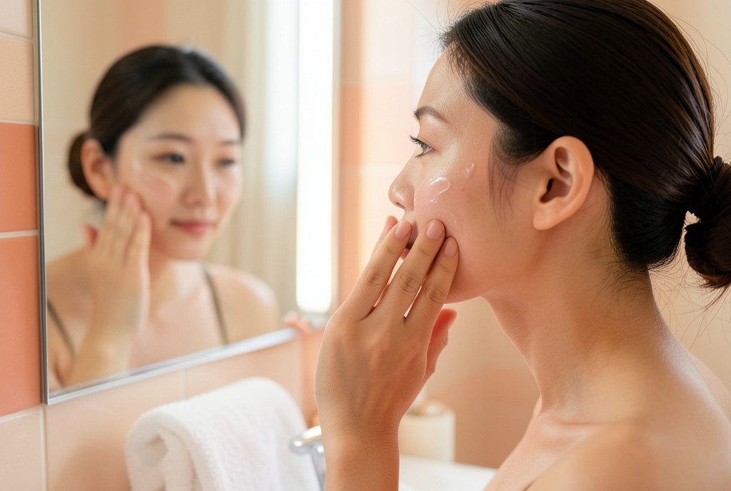 세럼을 볼에 두드려 바르는 옆모습