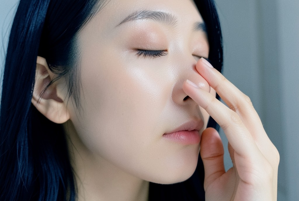 코 옆에 투명한 젤을 얇게 바르는 옆모습