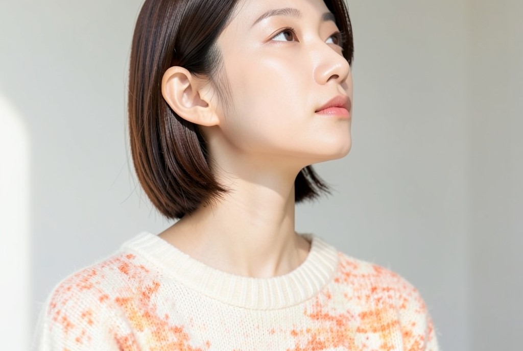 턱을 살짝 들어 목 라인을 보는 여성의 옆모습