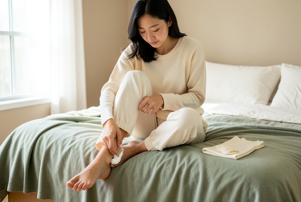 뒤꿈치에 크림을 바르고 면양말을 꺼내 놓은 여성의 발