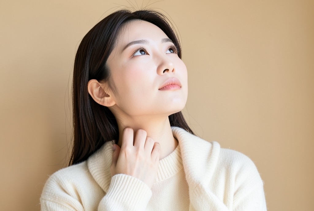 거울 앞에서 고개를 들어 목을 확인하는 여성
