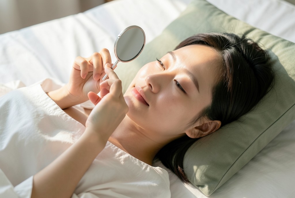 침대에 바로 누워 손거울을 보는 여성