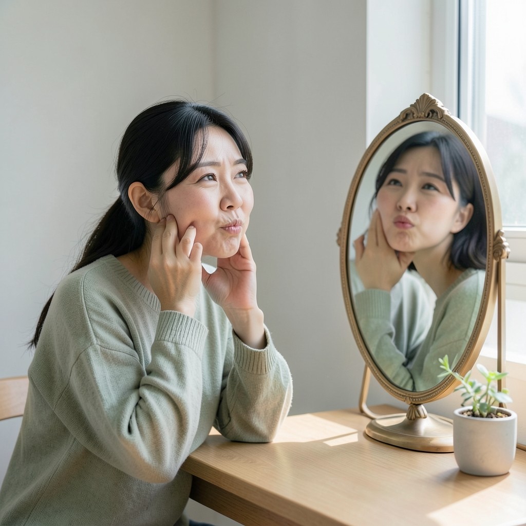 볼을 살짝 부풀리는 얼굴 운동을 하는 여성