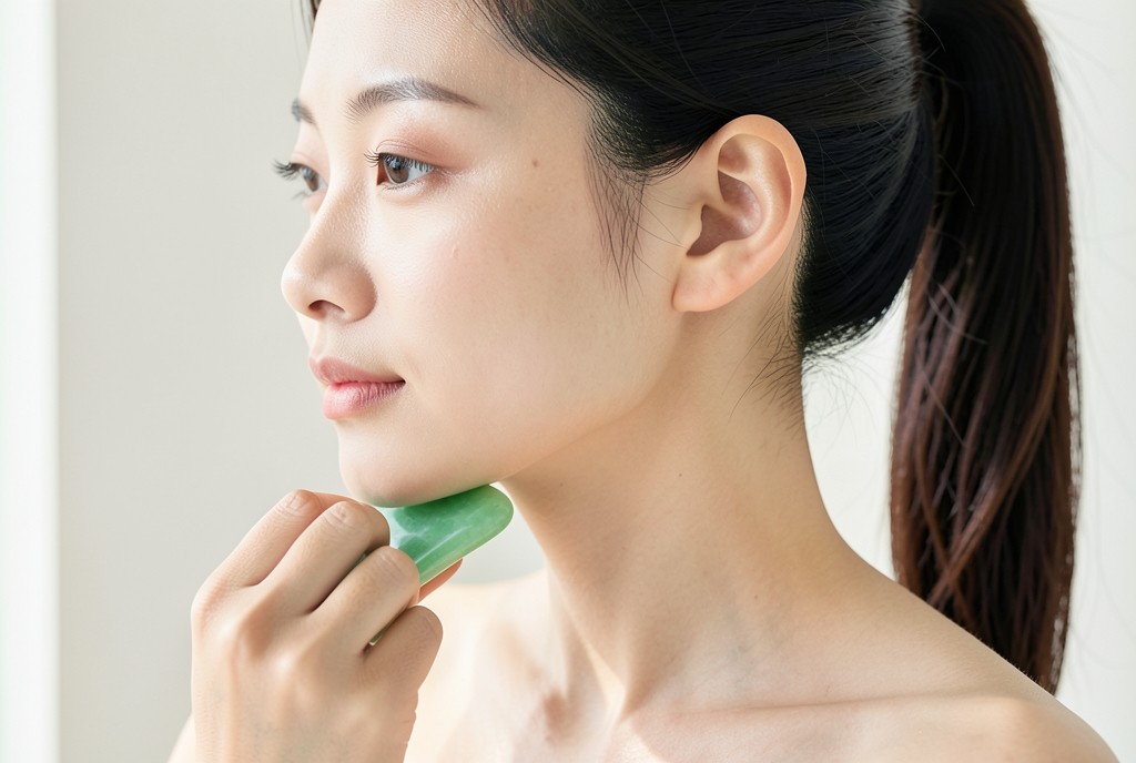 괄사로 목 옆을 쇄골 쪽으로 쓸어내리는 모습