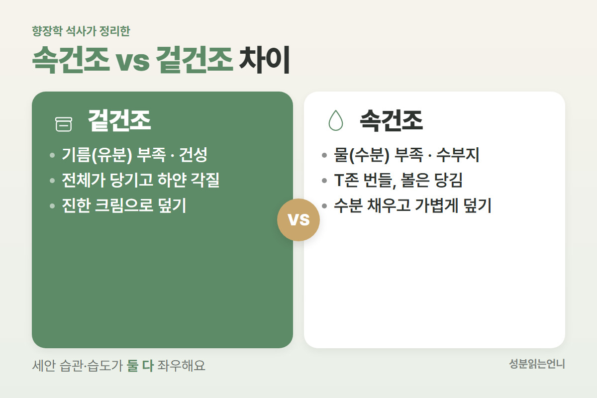 속건조 겉건조 차이 수부지 건성 피부 비교