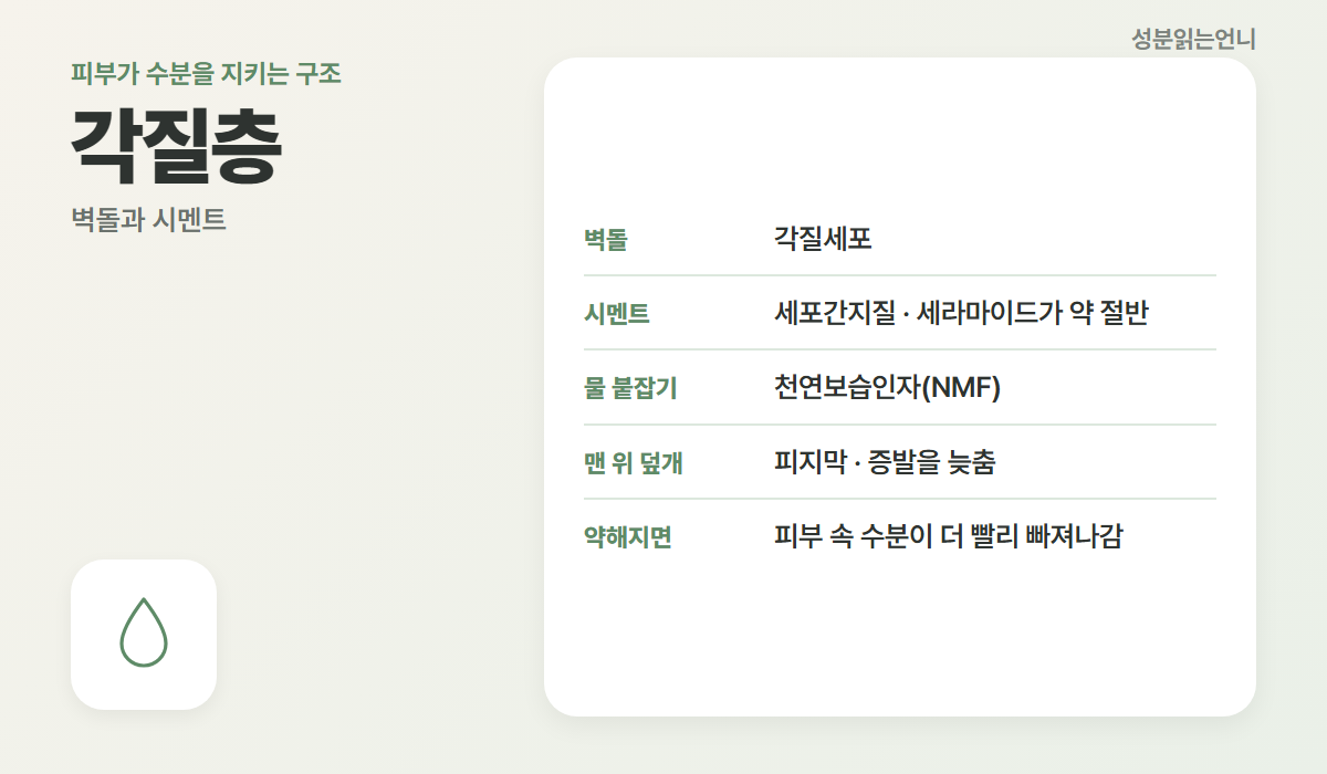 각질층 벽돌과 시멘트 구조 세포간지질 천연보습인자 피지막