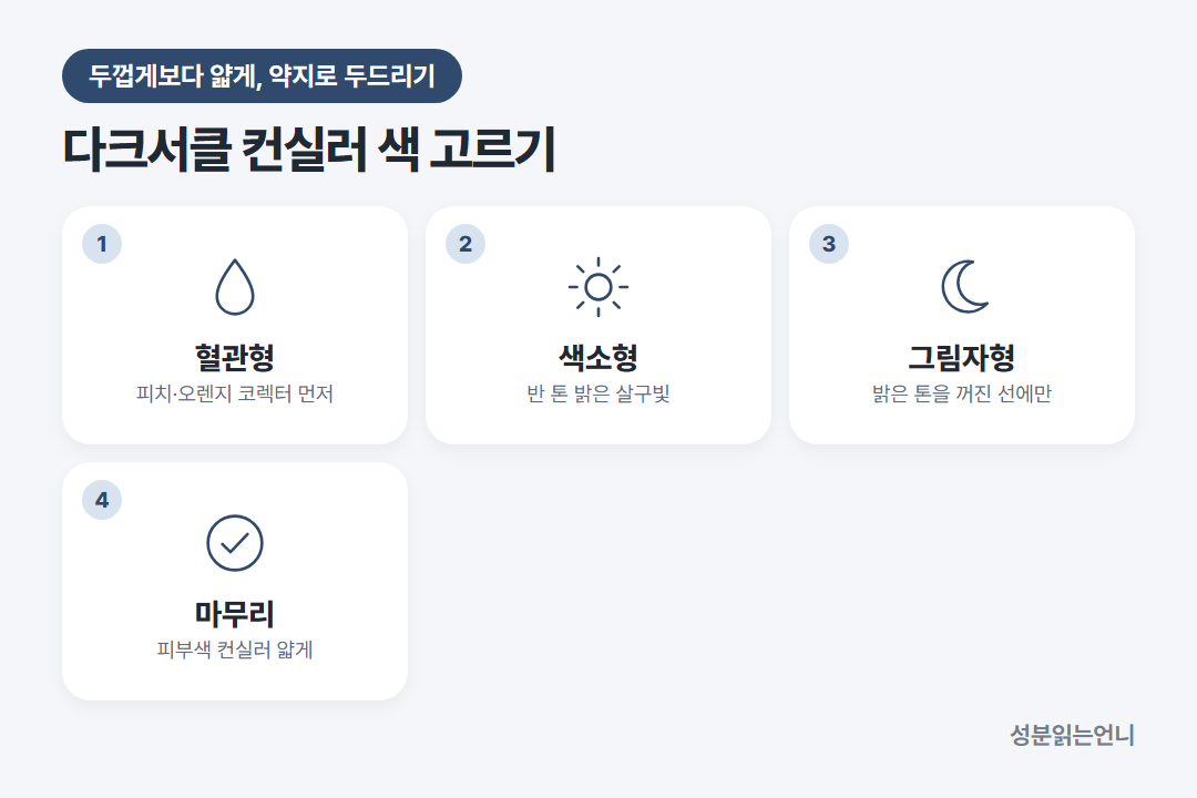 다크서클 컨실러 색 고르는 법 혈관형 피치 오렌지 색소형 살구 그림자형 밝은 톤