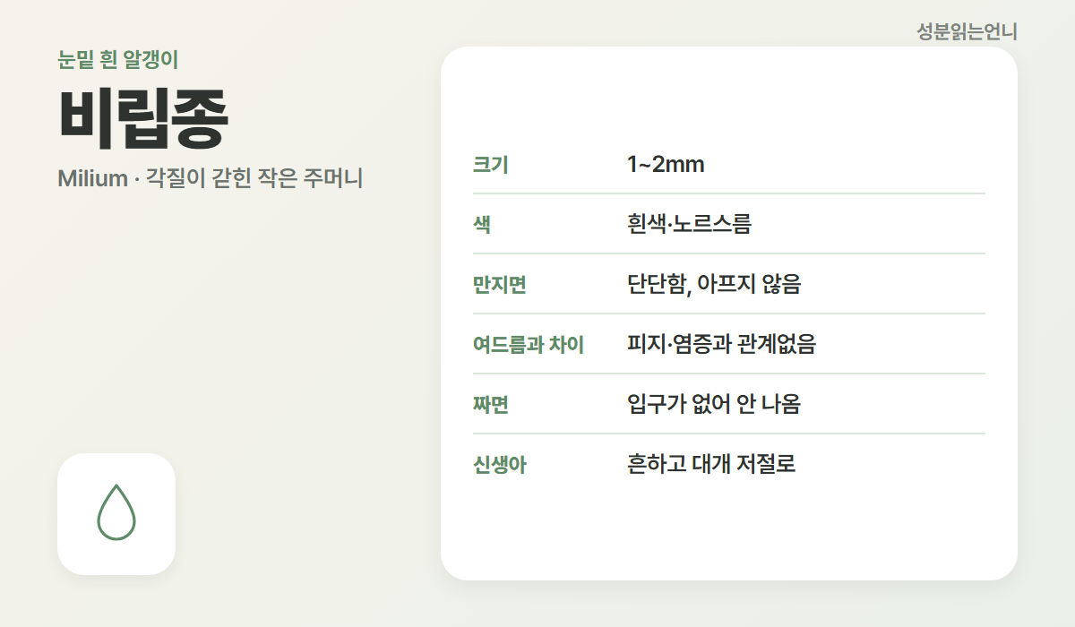 비립종 프로필 각질이 갇힌 1~2mm 주머니 흰색 단단함 염증 없음