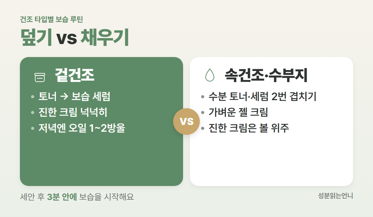 겉건조는 덮기 속건조는 채우기 보습 루틴 비교