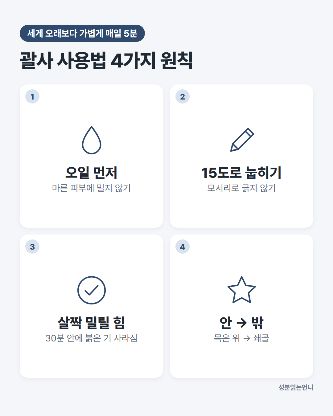 괄사 사용법 원칙 오일 먼저 15도로 눕히기 살짝 밀릴 힘 안쪽에서 바깥쪽
