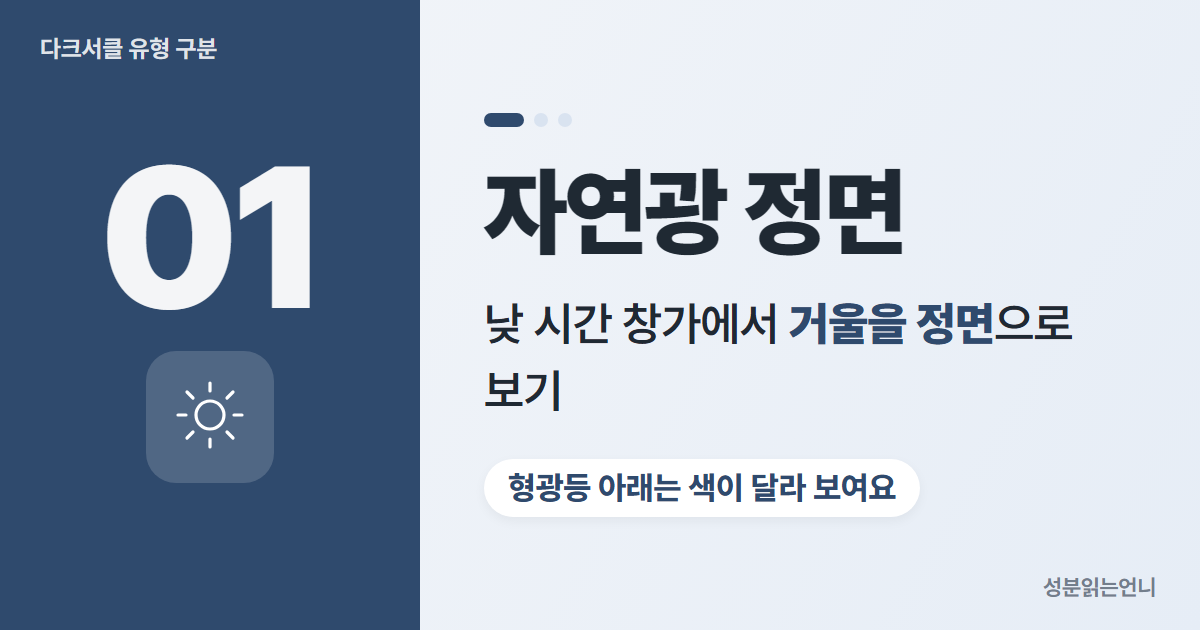 다크서클 구분 1단계 자연광 아래 거울 정면으로 보기