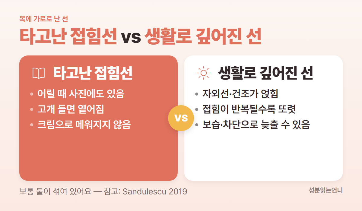 가로 목주름 타고난 접힘선과 생활로 깊어진 선 비교
